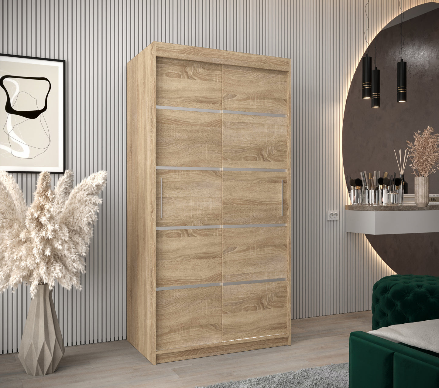 VERONA 1 - Sliding Door Wardrobe Sonoma Colour Shelves Rails, FAST DELIVERY >100cm x 200cm<