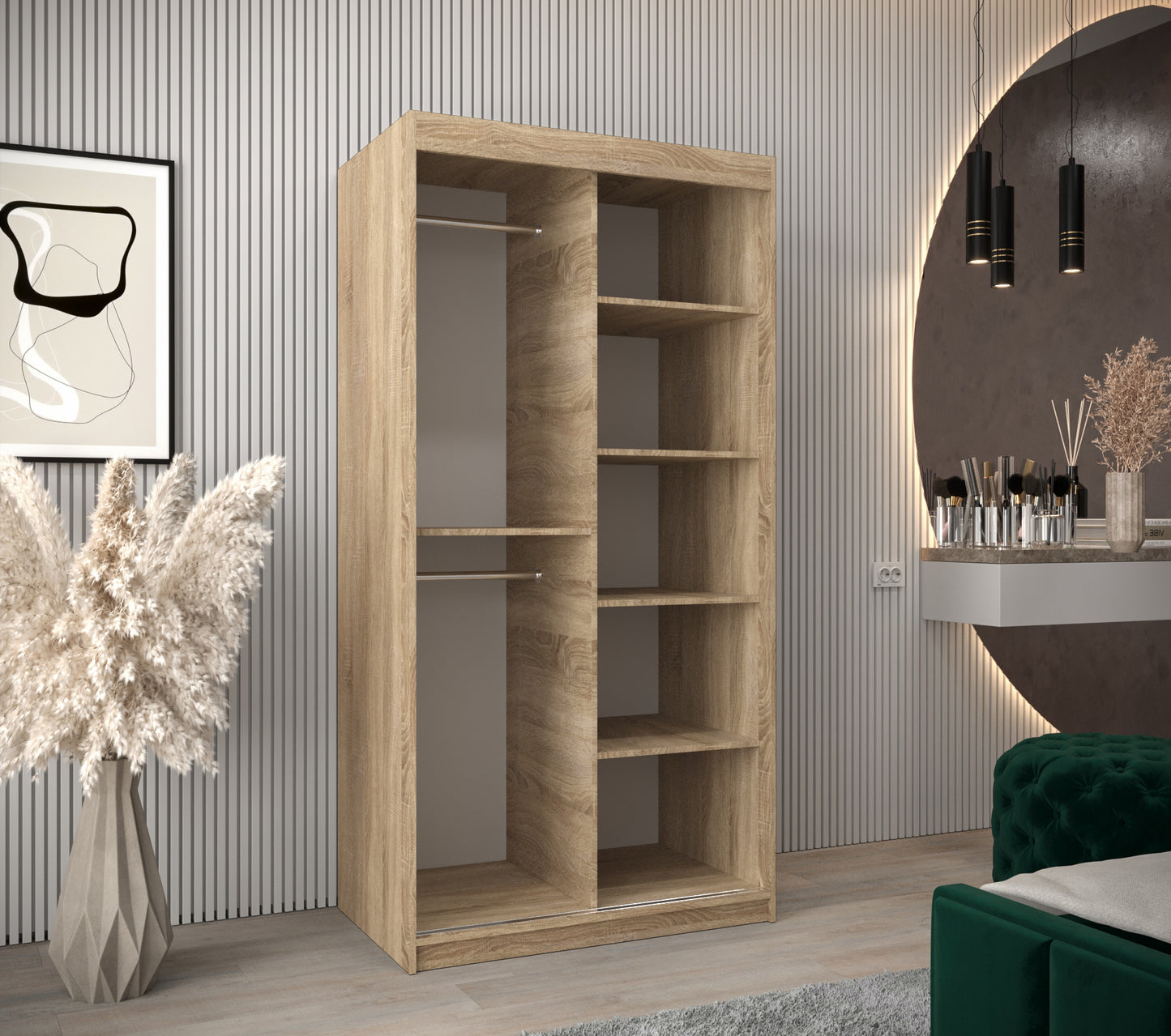 VERONA 1 - Sliding Door Wardrobe Sonoma Colour Shelves Rails, FAST DELIVERY >100cm x 200cm<