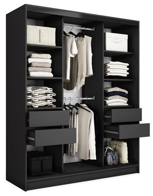 LOFT with Mirror - 3 Sliding Doors Wardrobe With Drawers Shelves 2 Rail Various Colour 150 cm