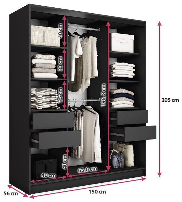 LOFT with Mirror - 3 Sliding Doors Wardrobe With Drawers Shelves 2 Rail Various Colour 150 cm