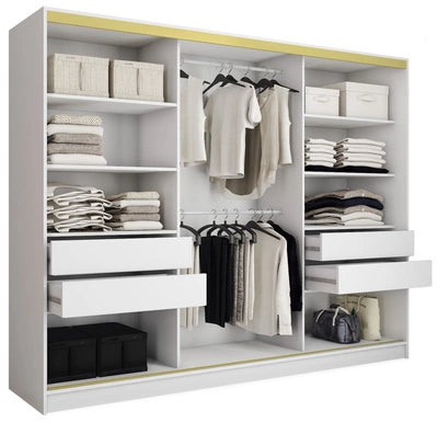 GOLD Gloss - 3 Sliding Doors Wardrobe With Mirror Drawers Shelves 2 Rail White 250 cm