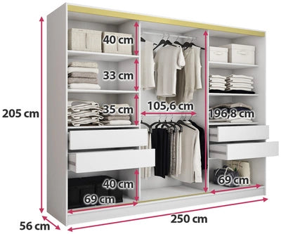 GOLD Gloss - 3 Sliding Doors Wardrobe With Mirror Drawers Shelves 2 Rail White 250 cm