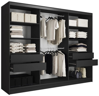LOFT No Mirror - 3 Sliding Doors Wardrobe With Drawers Shelves 2 Rail Various Colour 250 cm