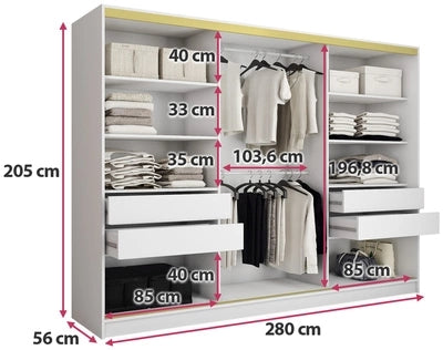GOLD Gloss - 3 Sliding Doors Wardrobe With Drawers Shelves 2 Rail White 280 cm