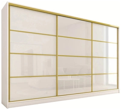 GOLD Gloss - 3 Sliding Doors Wardrobe With Drawers Shelves 2 Rail White 280 cm