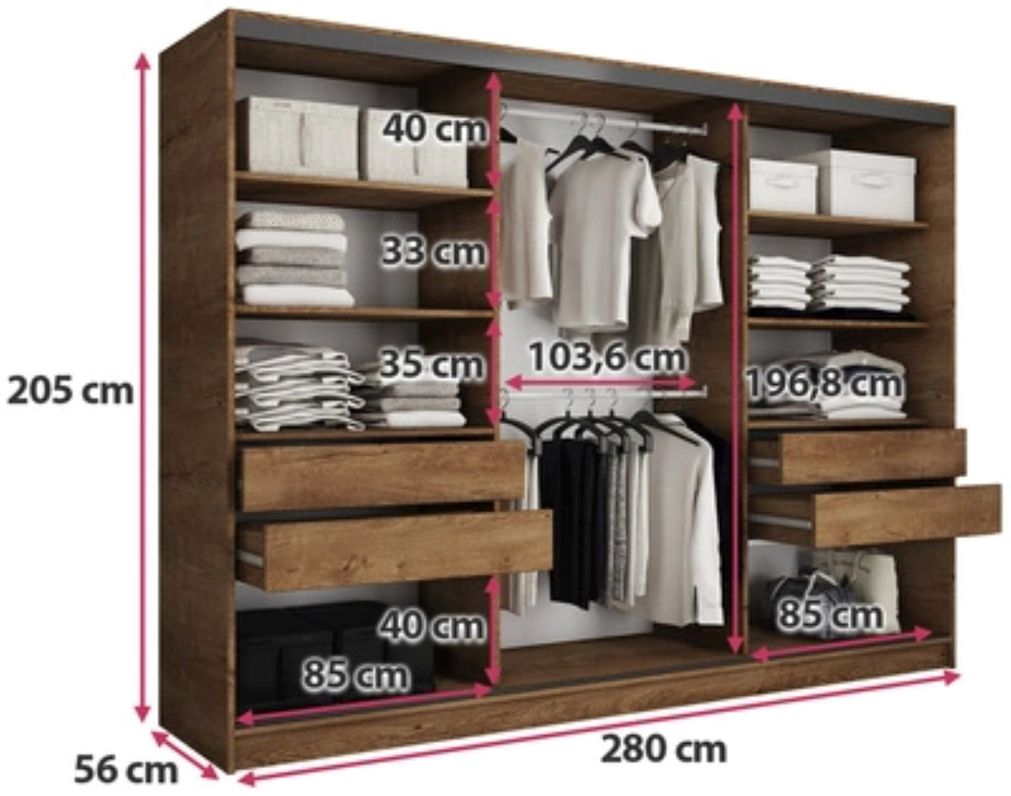 Tanyaro with Mirror - 3 Sliding Doors Wardrobe With Drawers Shelves 2x Rail Various Oak Colour 280 cm