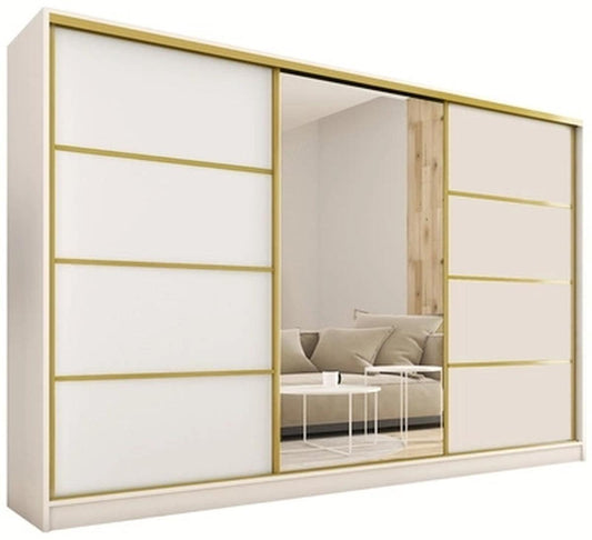 GOLD  Gloss with Mirror - 3 Sliding Doors Wardrobe With Drawers Shelves 2 Rail White 280 cm