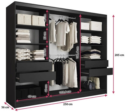 LOFT No Mirror - 3 Sliding Doors Wardrobe With Drawers Shelves 2 Rail Various Colour 250 cm