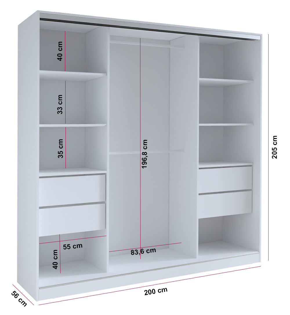 Tanyaro - 3 Sliding Doors Wardrobe With Drawers Shelves 2 Rail Various Colour 200 cm