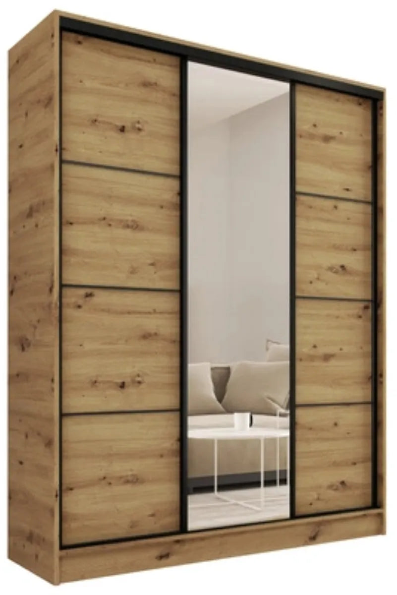 LOFT with Mirror - 3 Sliding Doors Wardrobe With Drawers Shelves 2 Rail Three Colour 150 cm