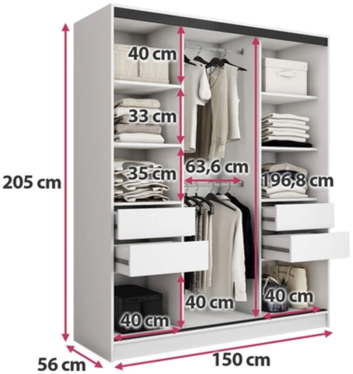 LOFT with Mirror - 3 Sliding Doors Wardrobe With Drawers Shelves 2 Rail Various Colour 150 cm
