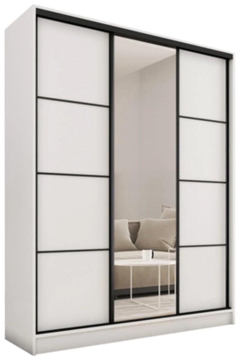 LOFT with Mirror - 3 Sliding Doors Wardrobe With Drawers Shelves 2 Rail Various Colour 150 cm