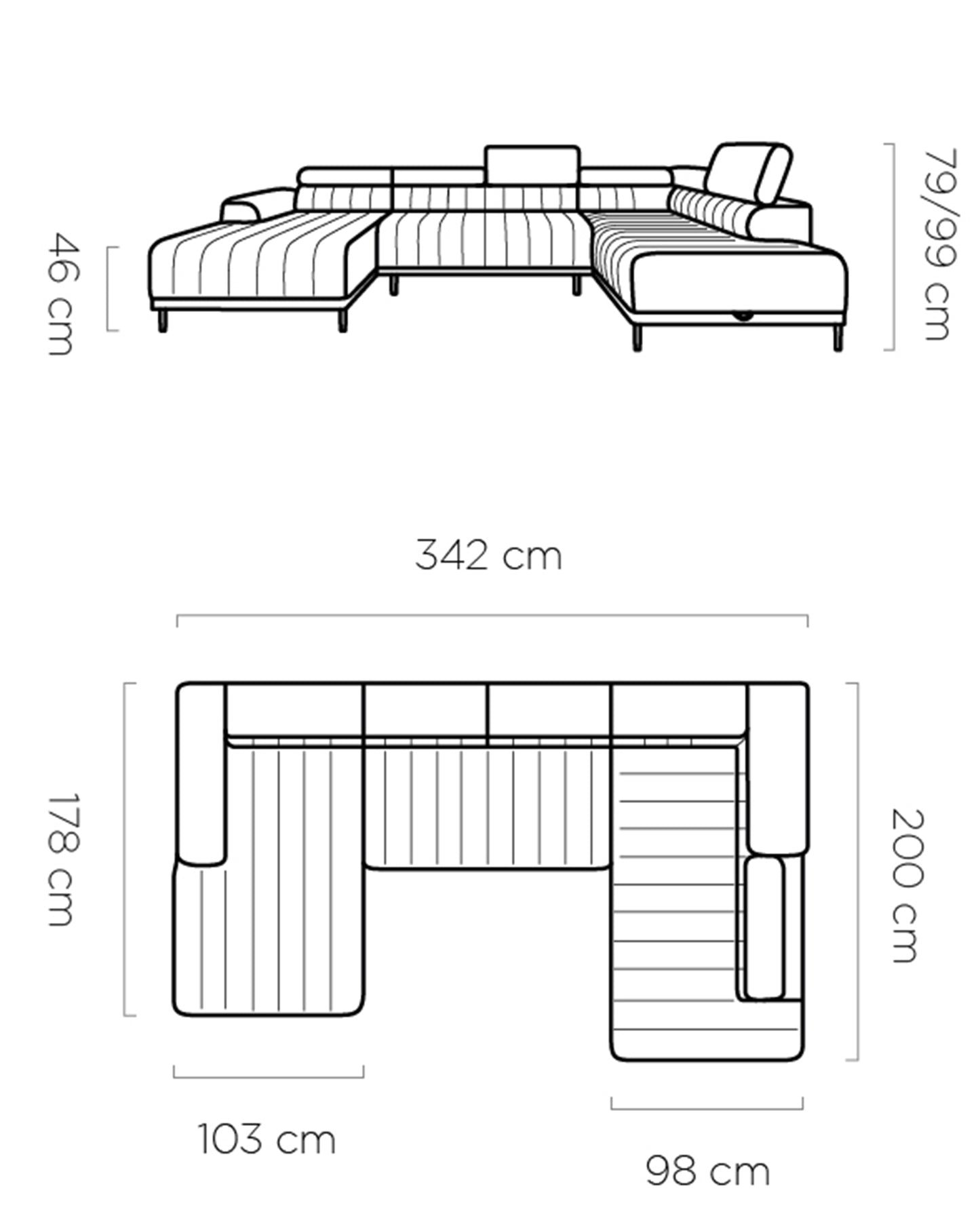 Caldese - U-Shape Corner Sofa Bed with Sleeping Function Storage Various Colour > Width 342 cm <