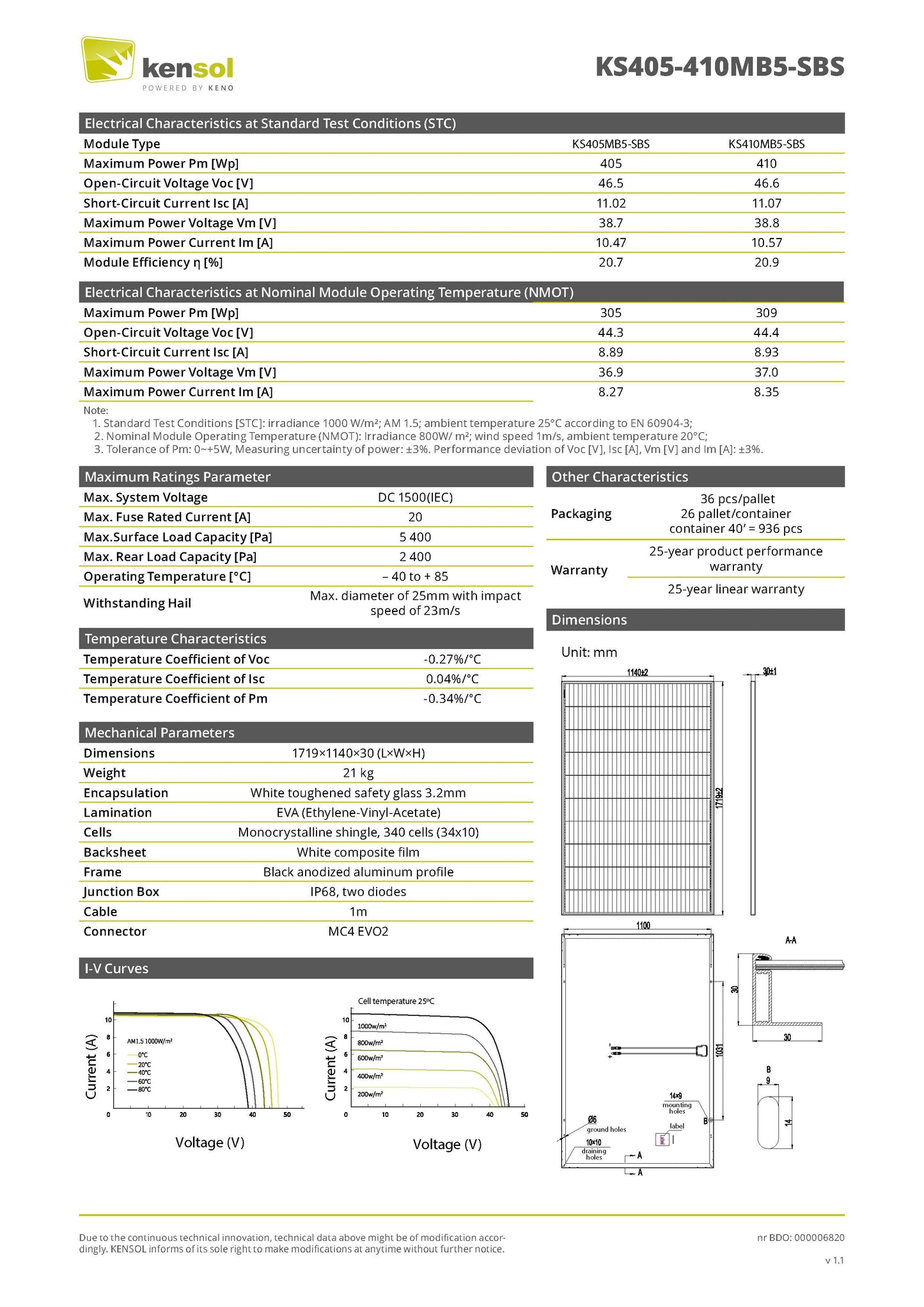 KENSOL 410W SHINGLED PHOTOVOLTAIC MODULE, 30MM, BLACK FRAME, WHITE BACKSHEET, EVO2 CONNECTOR, 1000MM CABLE