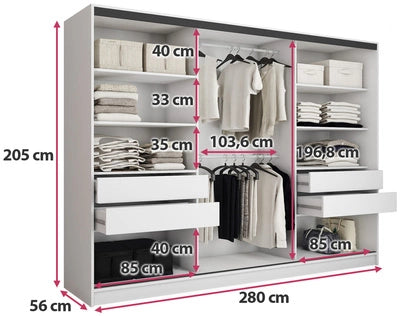 GOLD Gloss with Mirror - 3 Sliding Doors Wardrobe With Drawers Shelves 2 Rail White 280 cm