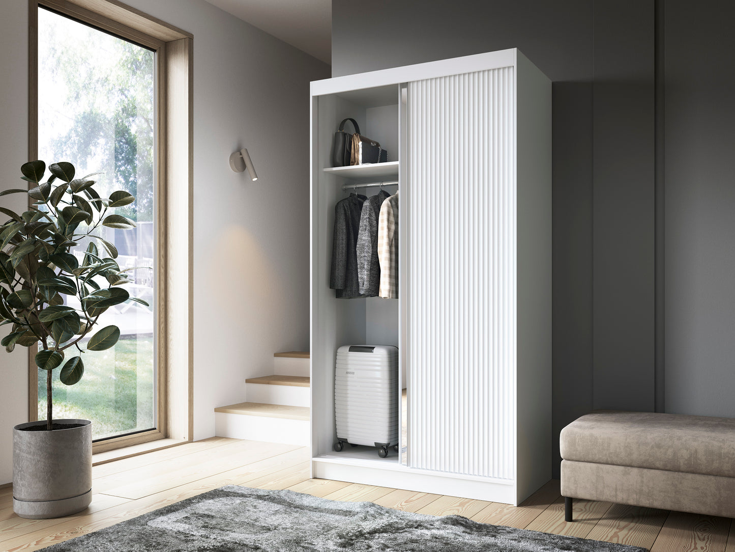 Biancco II with Mirror - Two Sliding Doors Wardrobe White with Hanging Rail, Shelves >120cm<