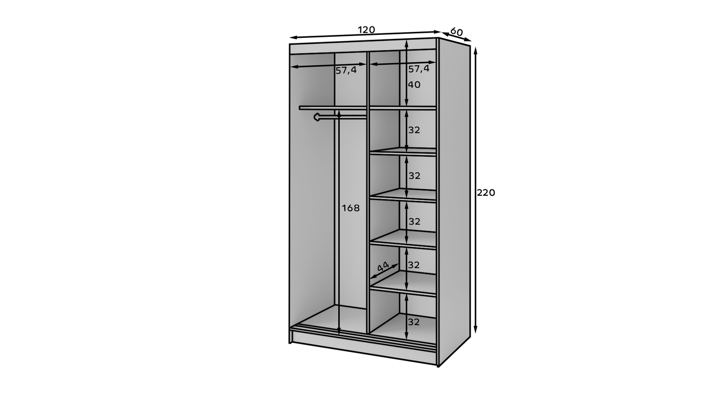 Biancco II with Mirror - Two Sliding Doors Wardrobe White with Hanging Rail, Shelves >120cm<