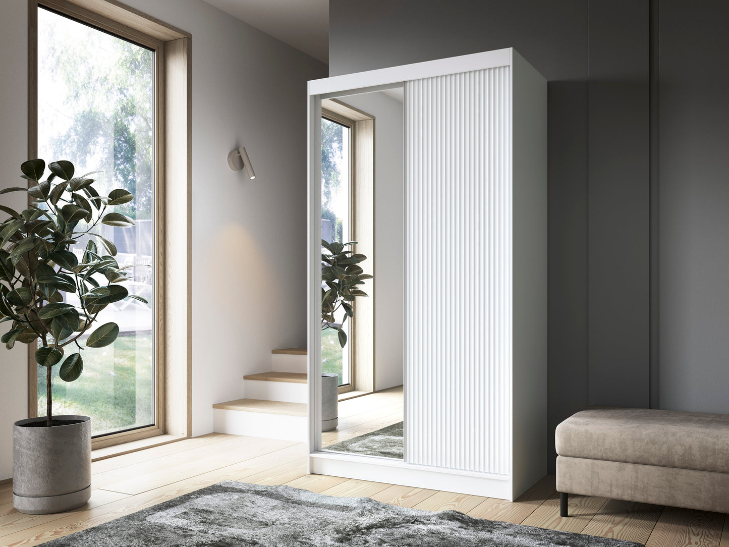 Biancco II with Mirror - Two Sliding Doors Wardrobe White with Hanging Rail, Shelves >120cm<