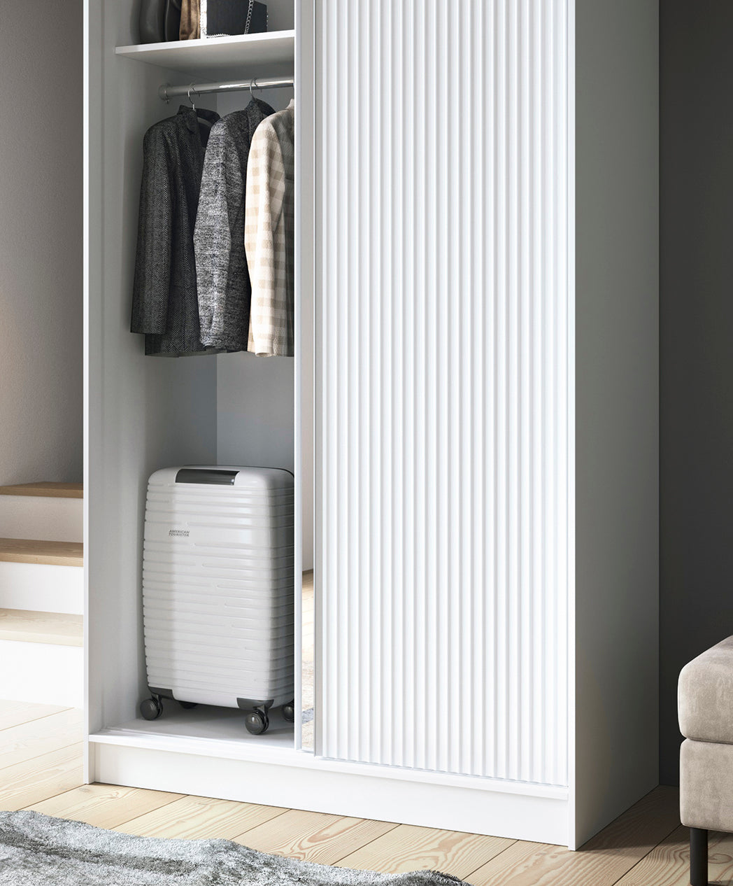 Biancco II with Mirror - Two Sliding Doors Wardrobe White with Hanging Rail, Shelves >120cm<