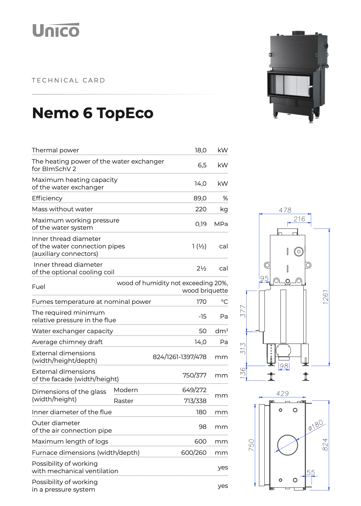 Fireplace Insert with a Water Jacket Unico Nemo 6 Topeco