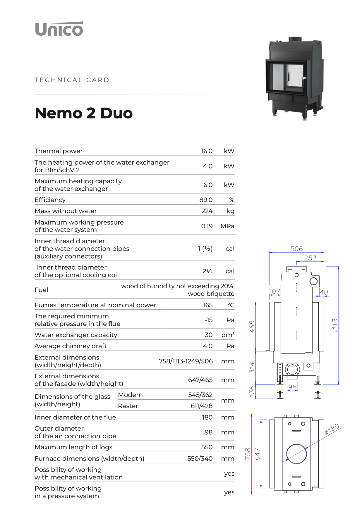 Nemo 2 Duo - Fireplace Insert with a Water Jacket Unico