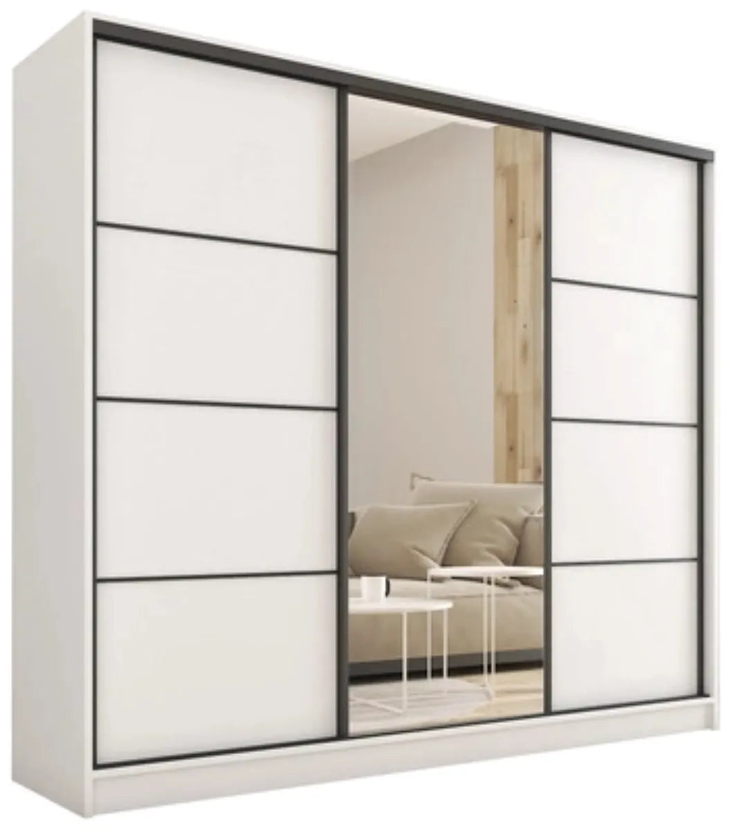 LOFT with Mirror - 3 Sliding Doors Wardrobe With Drawers Shelves 2 Rail Mirror Various Colour width 200 cm