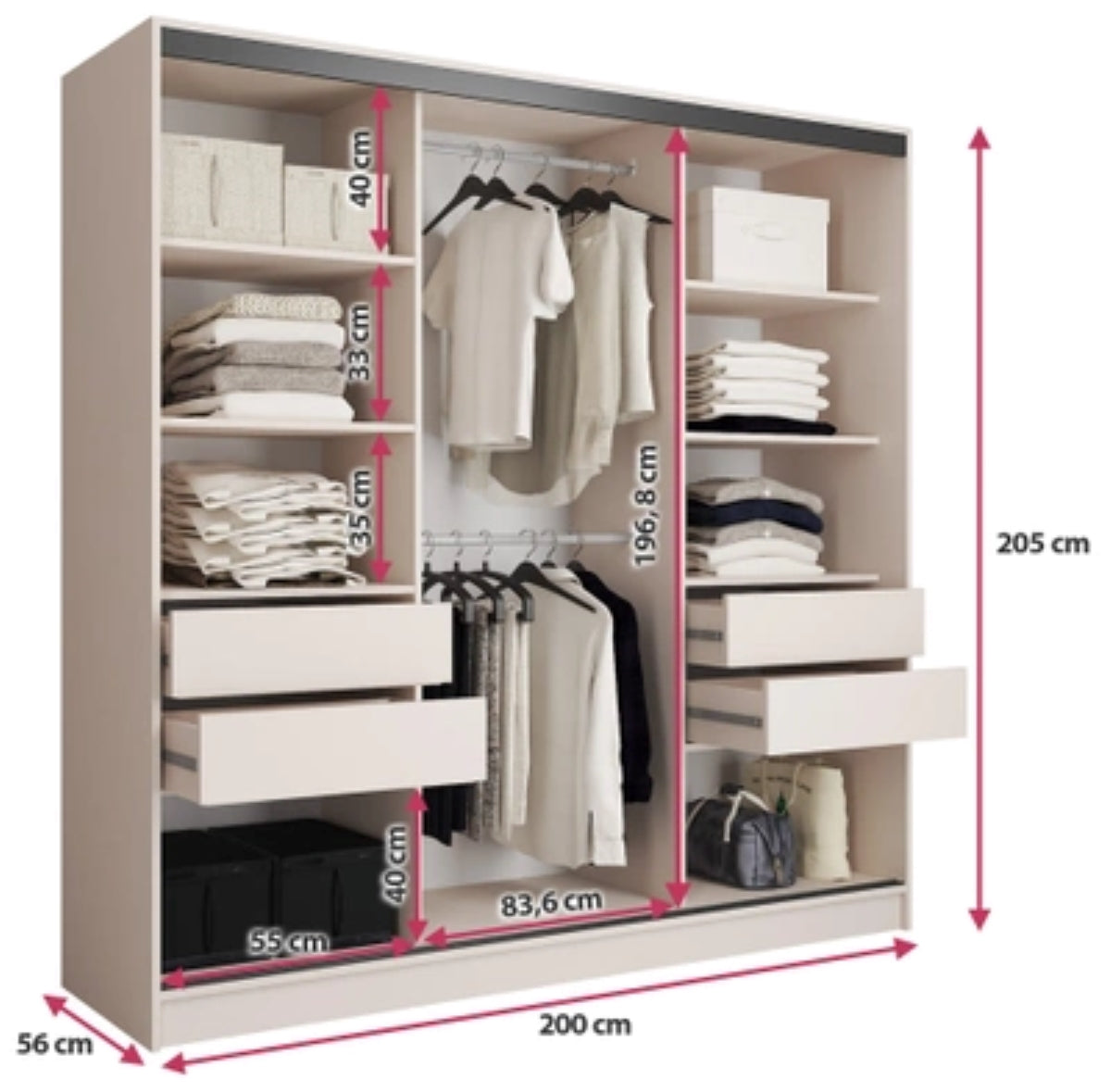 LOFT with Mirror - 3 Sliding Doors Wardrobe With Drawers Shelves 2 Rail Mirror Various Colour width 200 cm