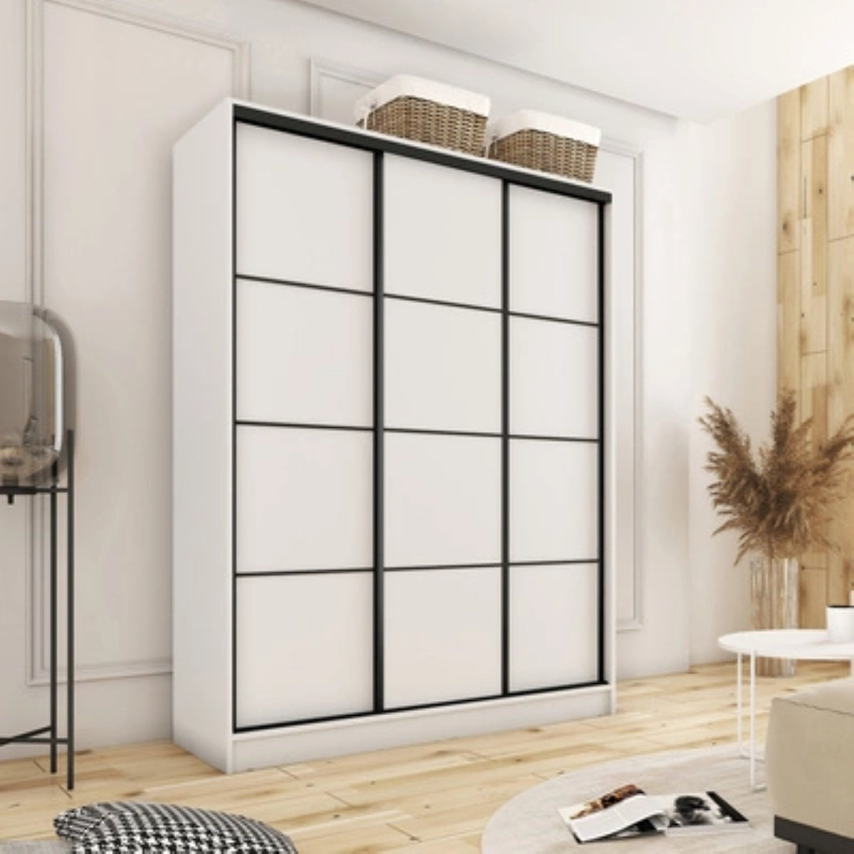 LOFT - 3 Sliding Doors Wardrobe With Drawers Shelves 2 Rail Three Colour width 150 cm