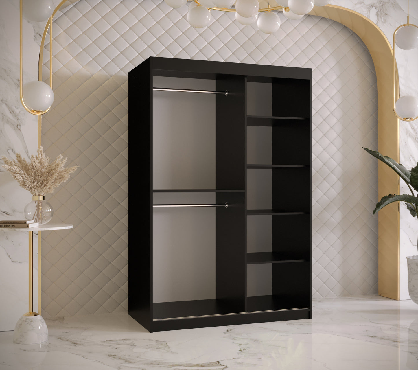 JAFITA - Slim Wardrobe 2 Sliding Doors Black with Mirror Shelves, Rails, Fast Delivery> 120cm <