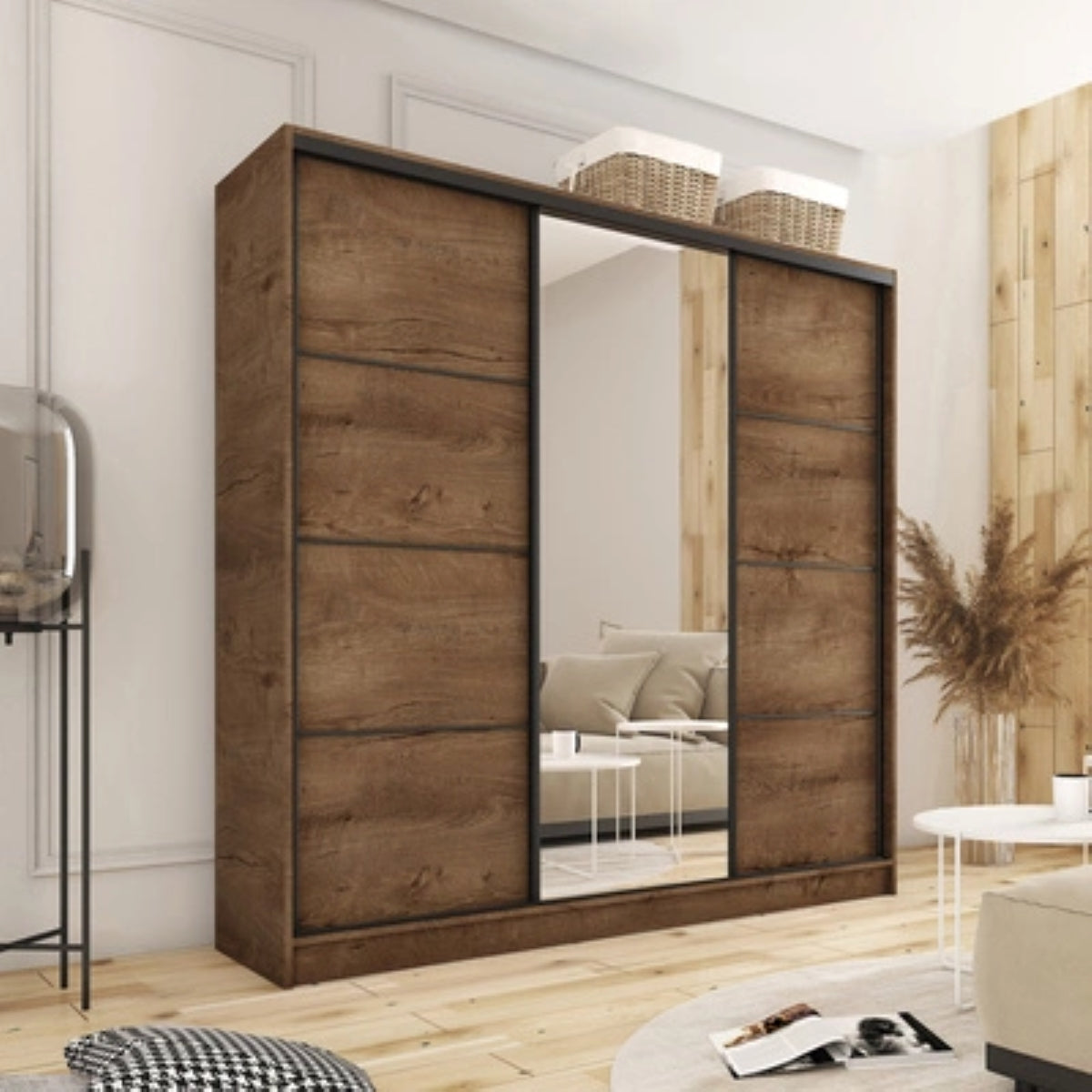 LOFT with Mirror - 3 Sliding Doors Wardrobe With Drawers Shelves 2 Rail Various Colour 180 cm