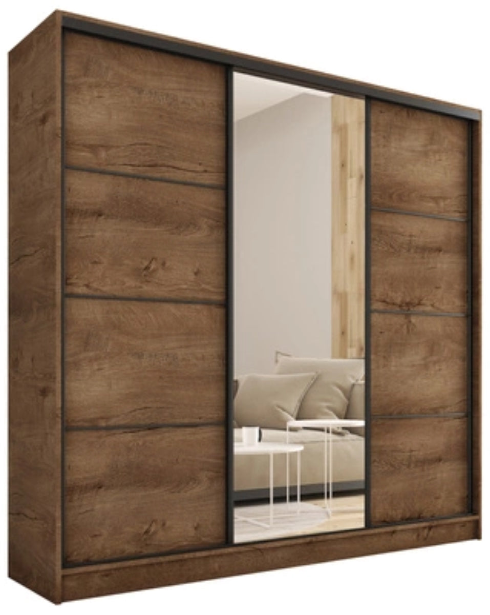LOFT with Mirror - 3 Sliding Doors Wardrobe With Drawers Shelves 2 Rail Various Colour 180 cm