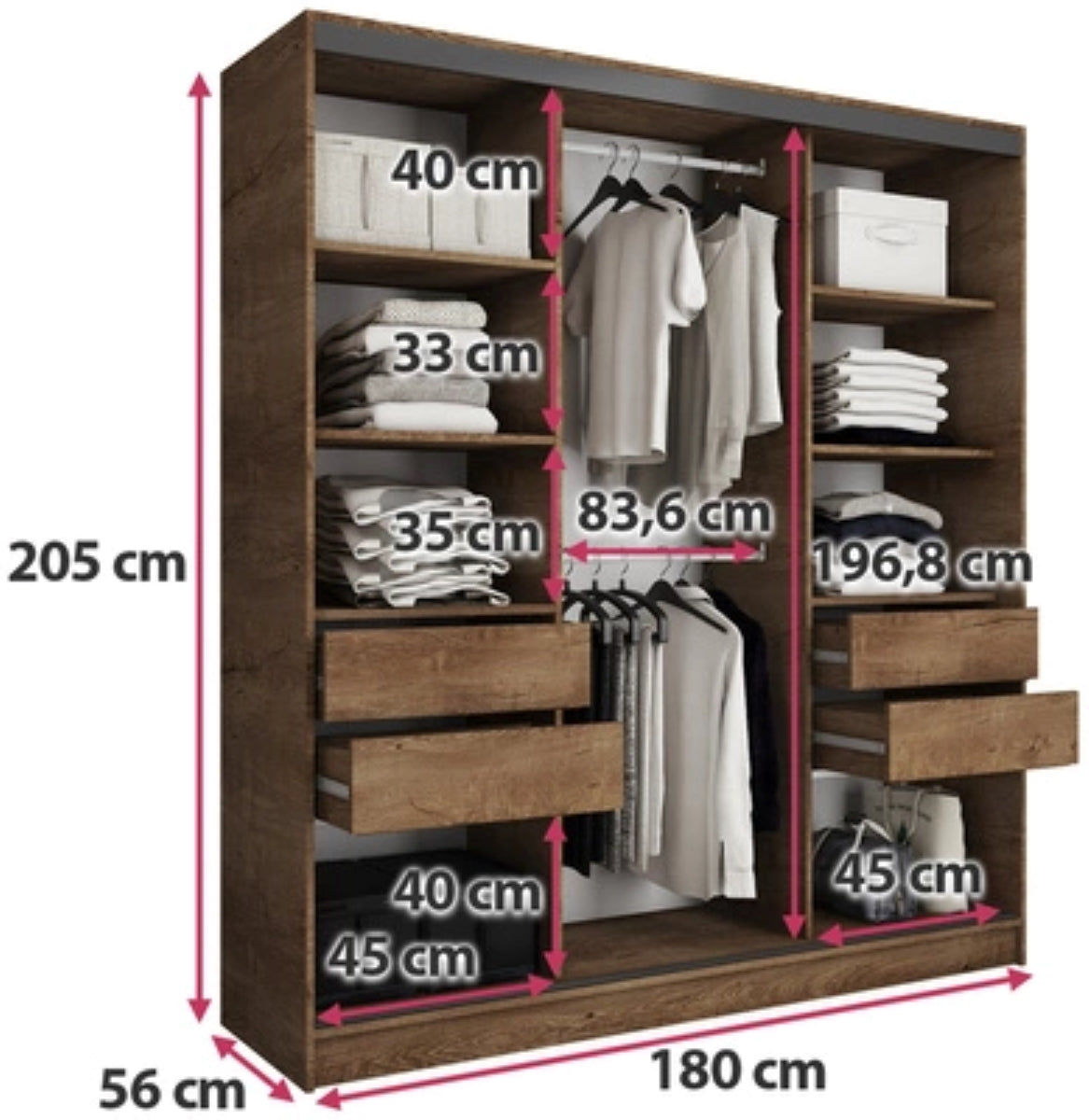 LOFT with Mirror - 3 Sliding Doors Wardrobe With Drawers Shelves 2 Rail Various Colour 180 cm