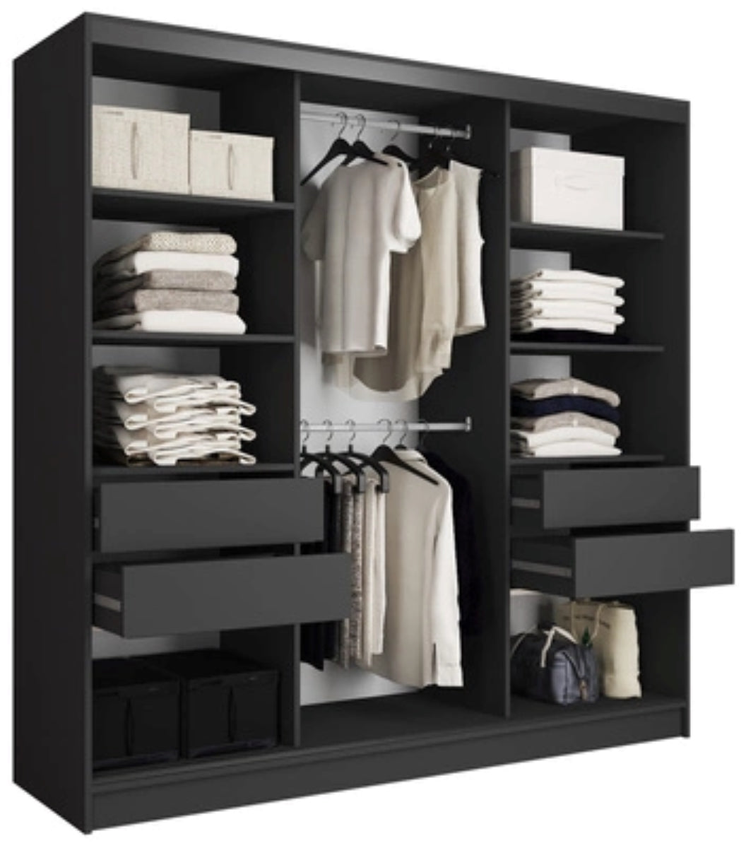 LOFT - 3 Sliding Doors Wardrobe With Drawers Shelves 2 Rail Black Body 3 Option 200 cm