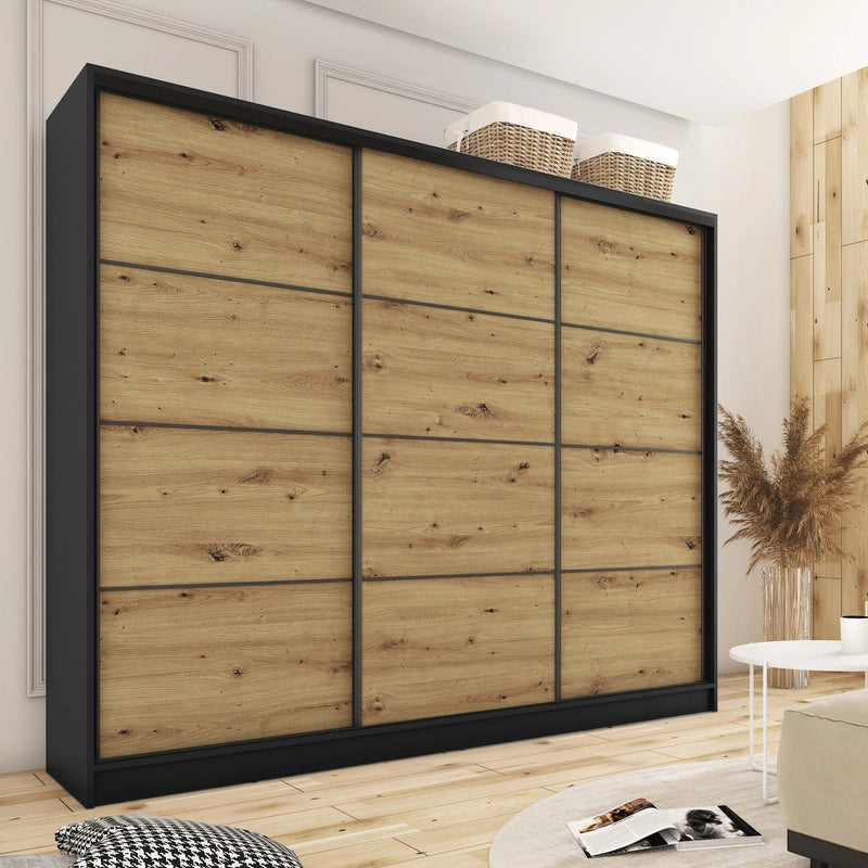 LOFT No Mirror - 3 Sliding Doors Wardrobe With Drawers Shelves 2 Rail Various Colour 250 cm