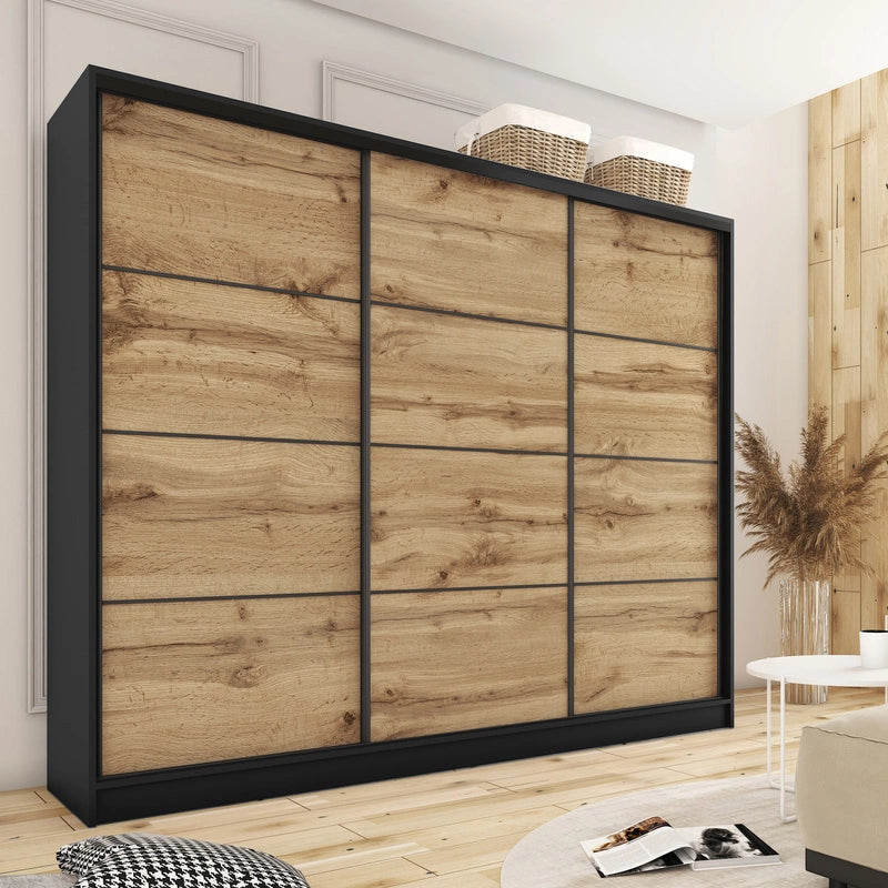 LOFT No Mirror - 3 Sliding Doors Wardrobe With Drawers Shelves 2 Rail Various Colour 250 cm