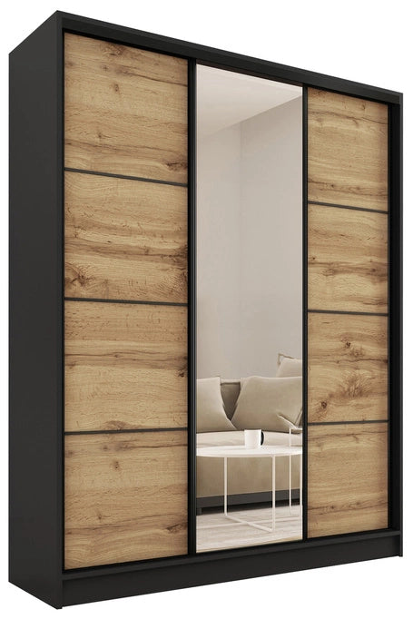 LOFT with Mirror - 3 Sliding Doors Wardrobe With Drawers Shelves 2 Rail Various Colour 150 cm
