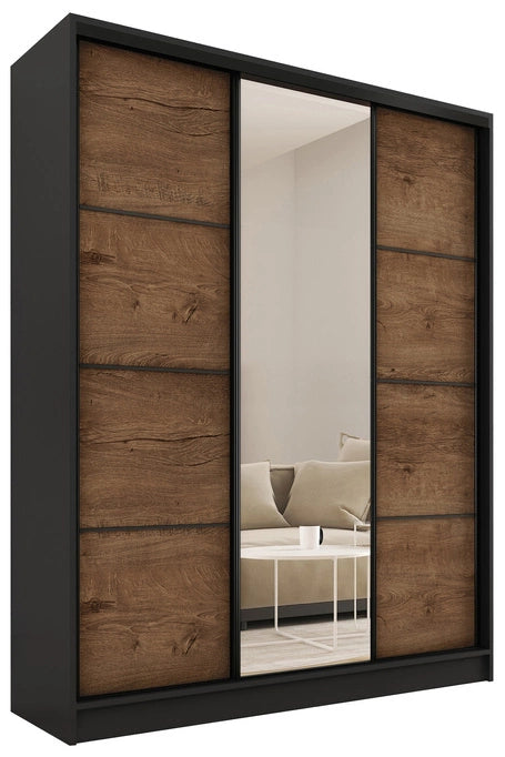 LOFT with Mirror - 3 Sliding Doors Wardrobe With Drawers Shelves 2 Rail Various Colour 150 cm