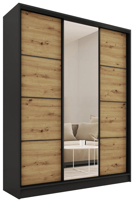 LOFT with Mirror - 3 Sliding Doors Wardrobe With Drawers Shelves 2 Rail Various Colour 150 cm
