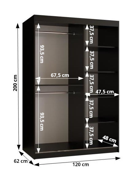 JAFITA - Slim Wardrobe 2 Sliding Doors Black with Mirror Shelves, Rails, Fast Delivery> 120cm <