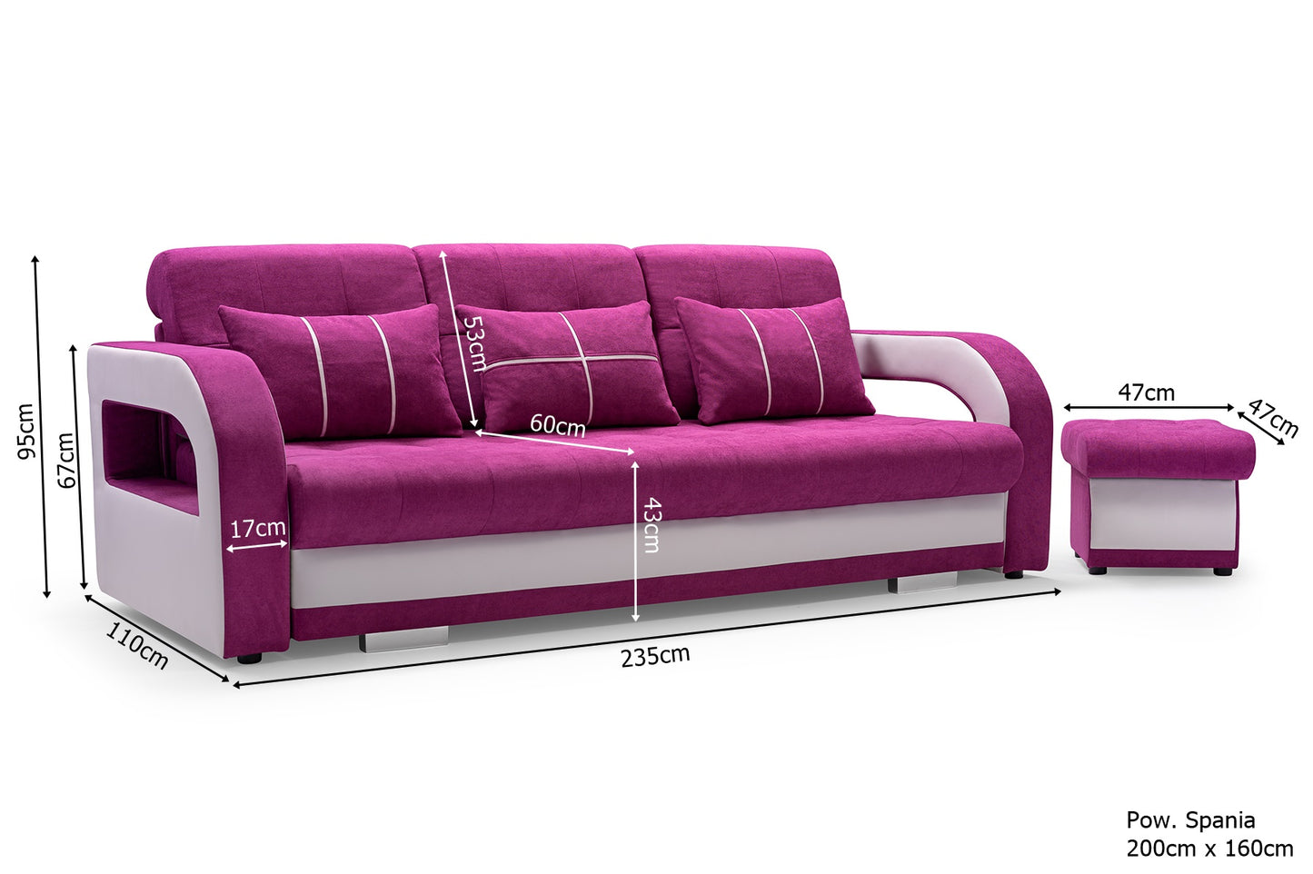 NINA SOFA with PUFF, SLEEPING FUNCTION, STORAGE SPACE, VINE COLOUR with WHITE FAUX INSERT, VELVET LIKE - FAST DELIVERY >235 x 110 cm<
