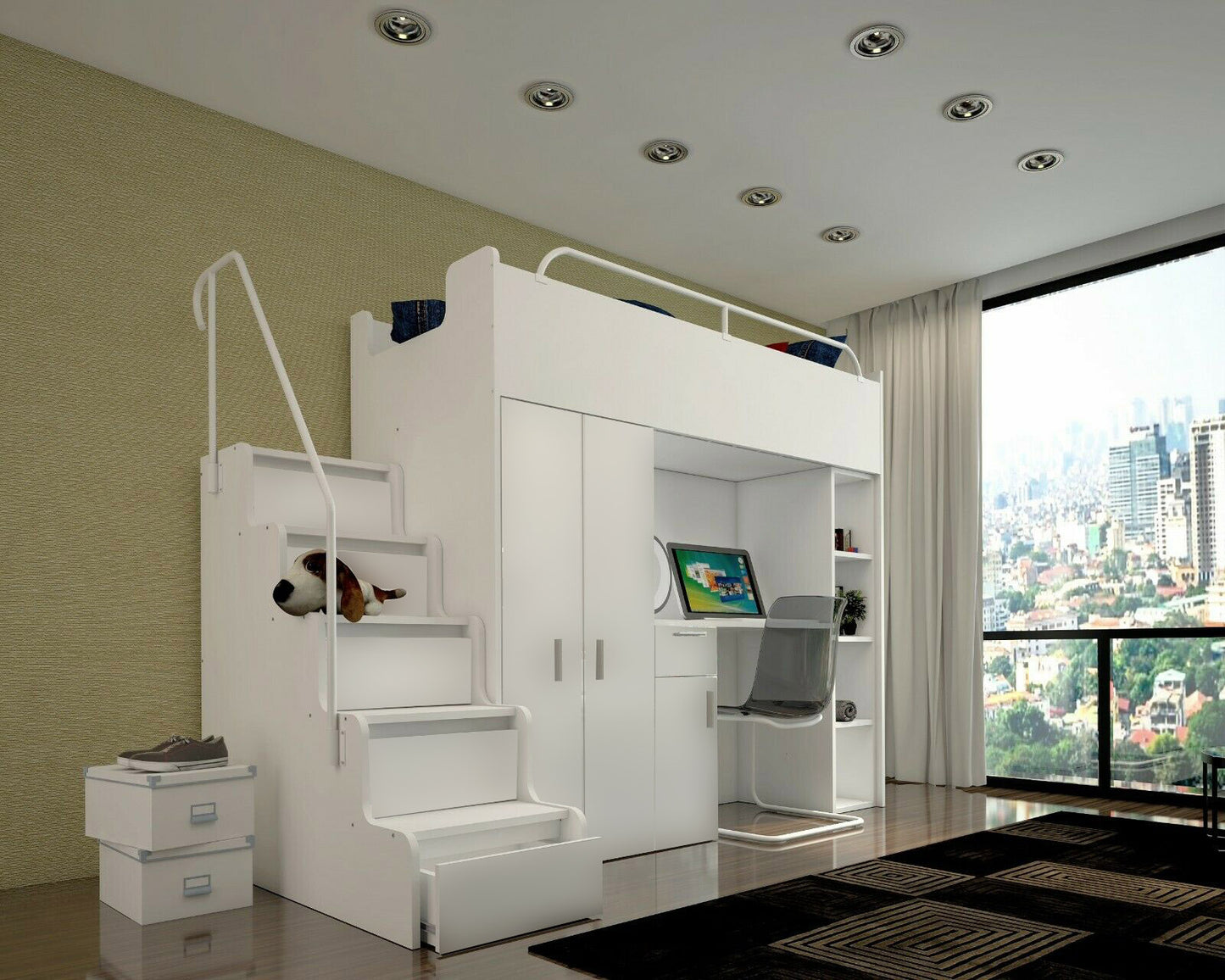 JESSICA 4S - Cabin bed set with Wardrobe, Desk and Stairs. 9 Colours