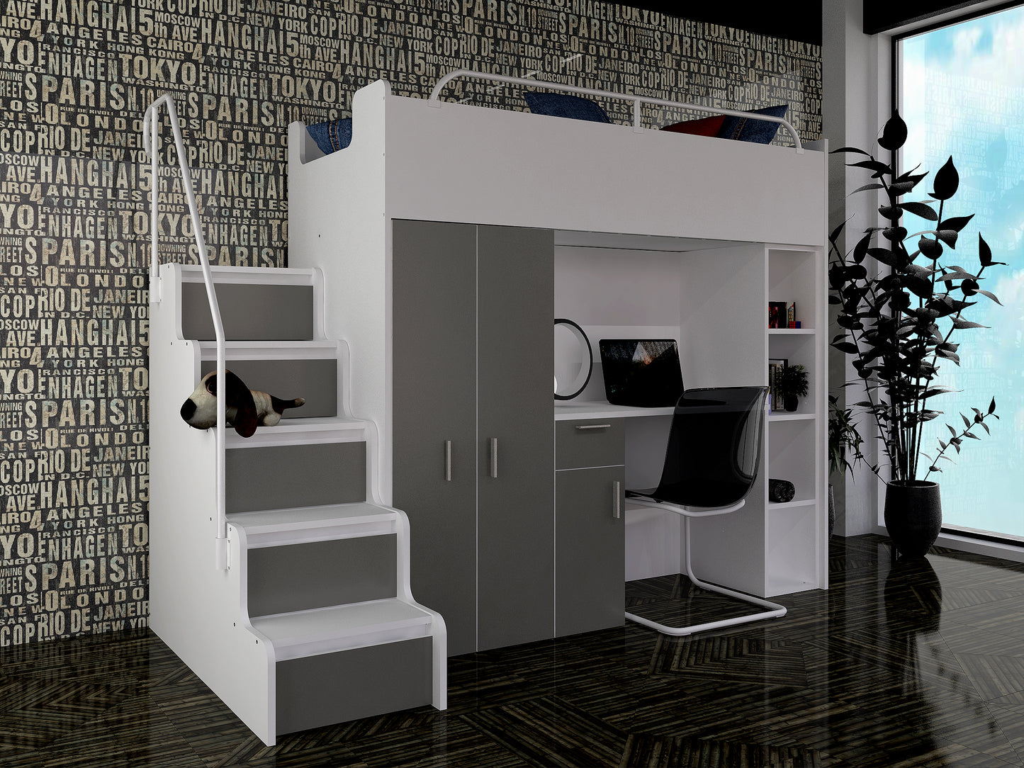 JESSICA 4S - Cabin bed set with Wardrobe, Desk and Stairs. 9 Colours
