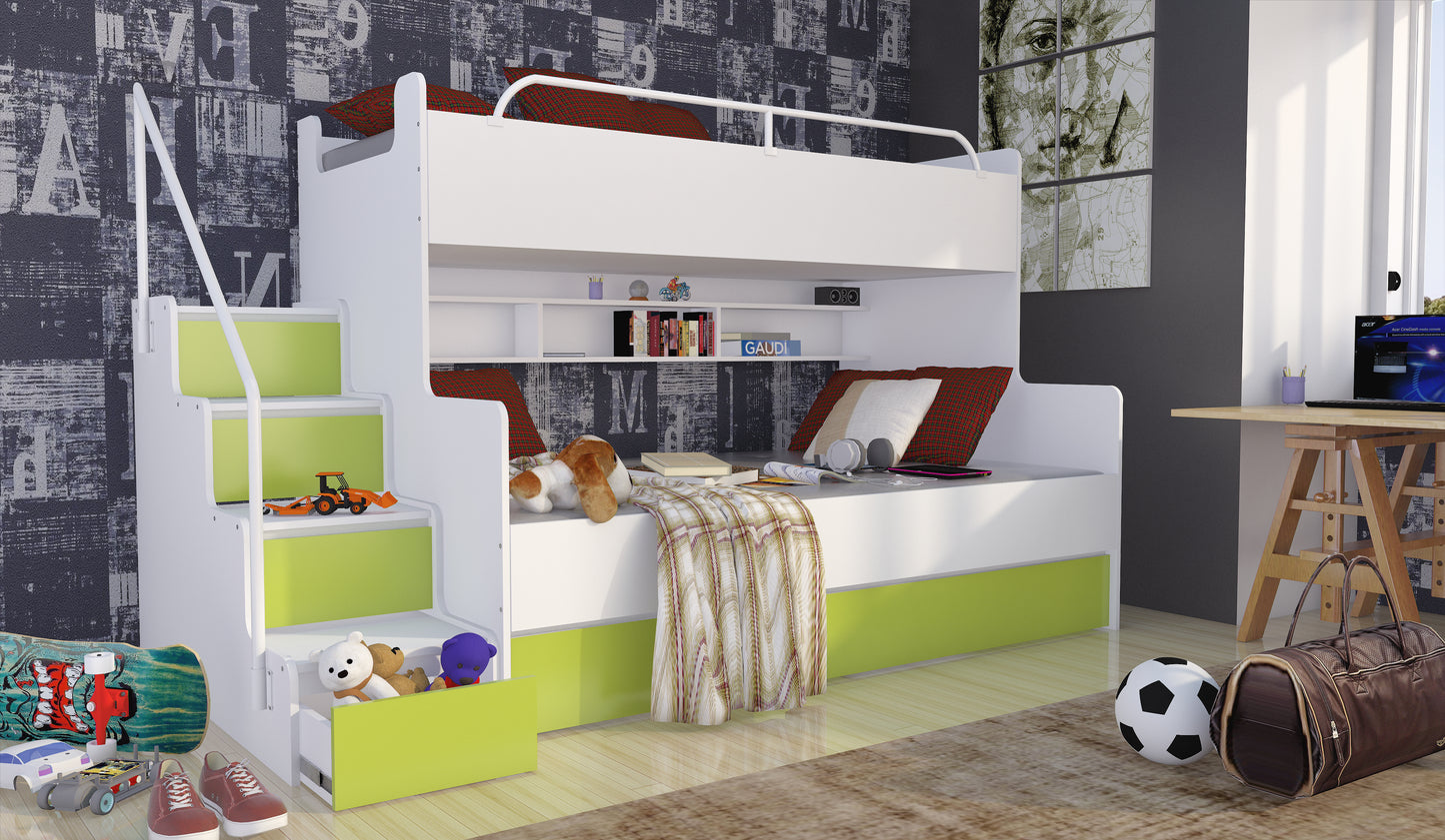 JESSICA 3 - bunk bed with stairs, shelves and many drawers Various Colours