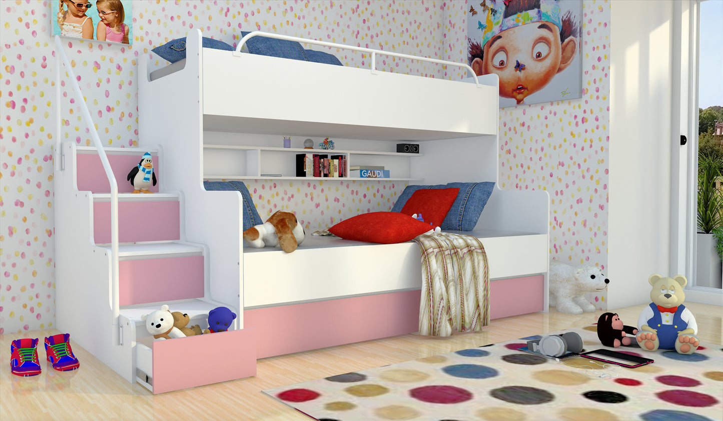 JESSICA 3 - bunk bed with stairs, shelves and many drawers Various Colours