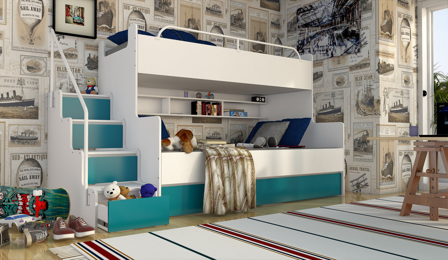 JESSICA 3 - bunk bed with stairs, shelves and many drawers Various Colours