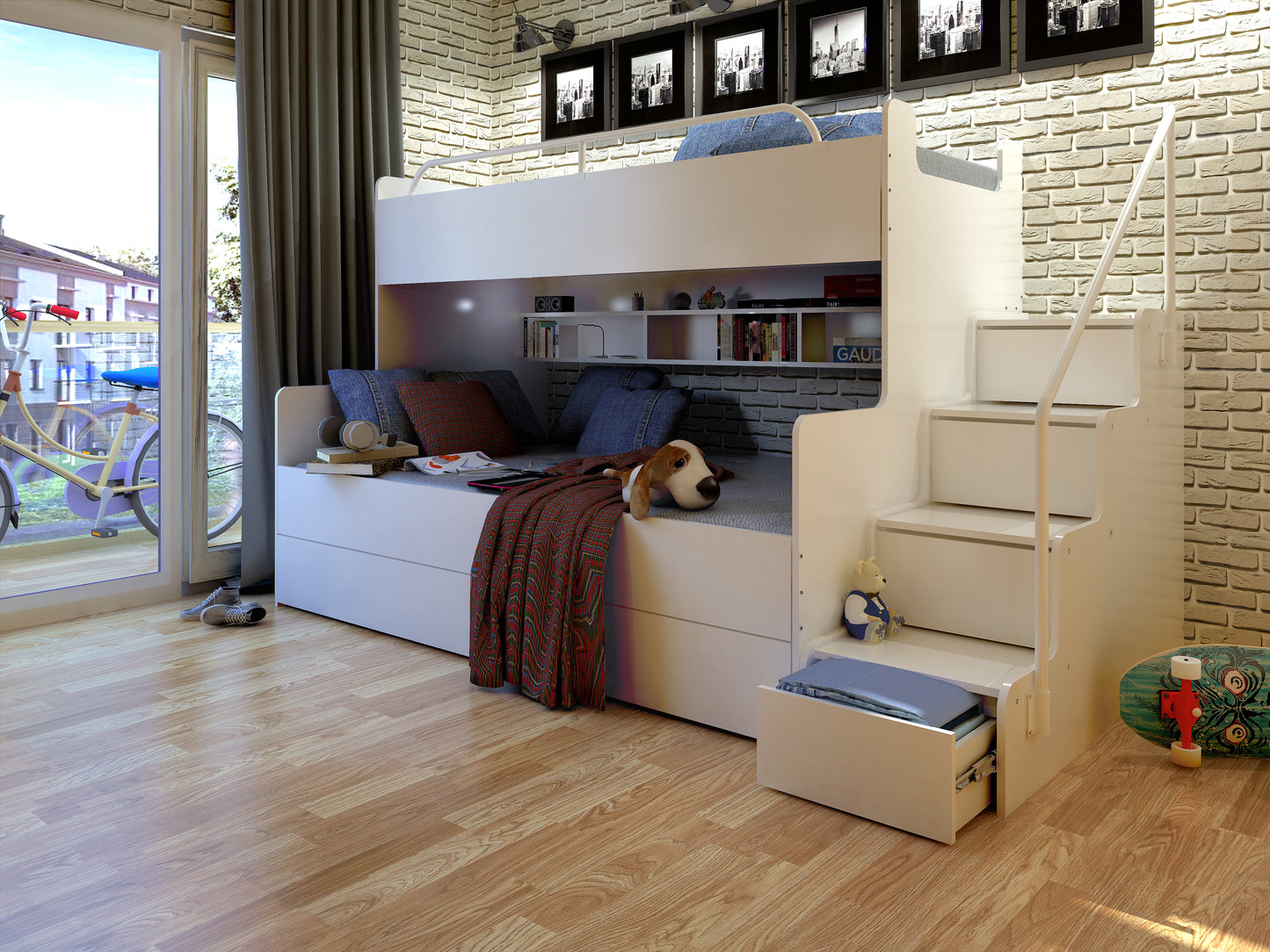 JESSICA 3 - bunk bed with stairs, shelves and many drawers Various Colours