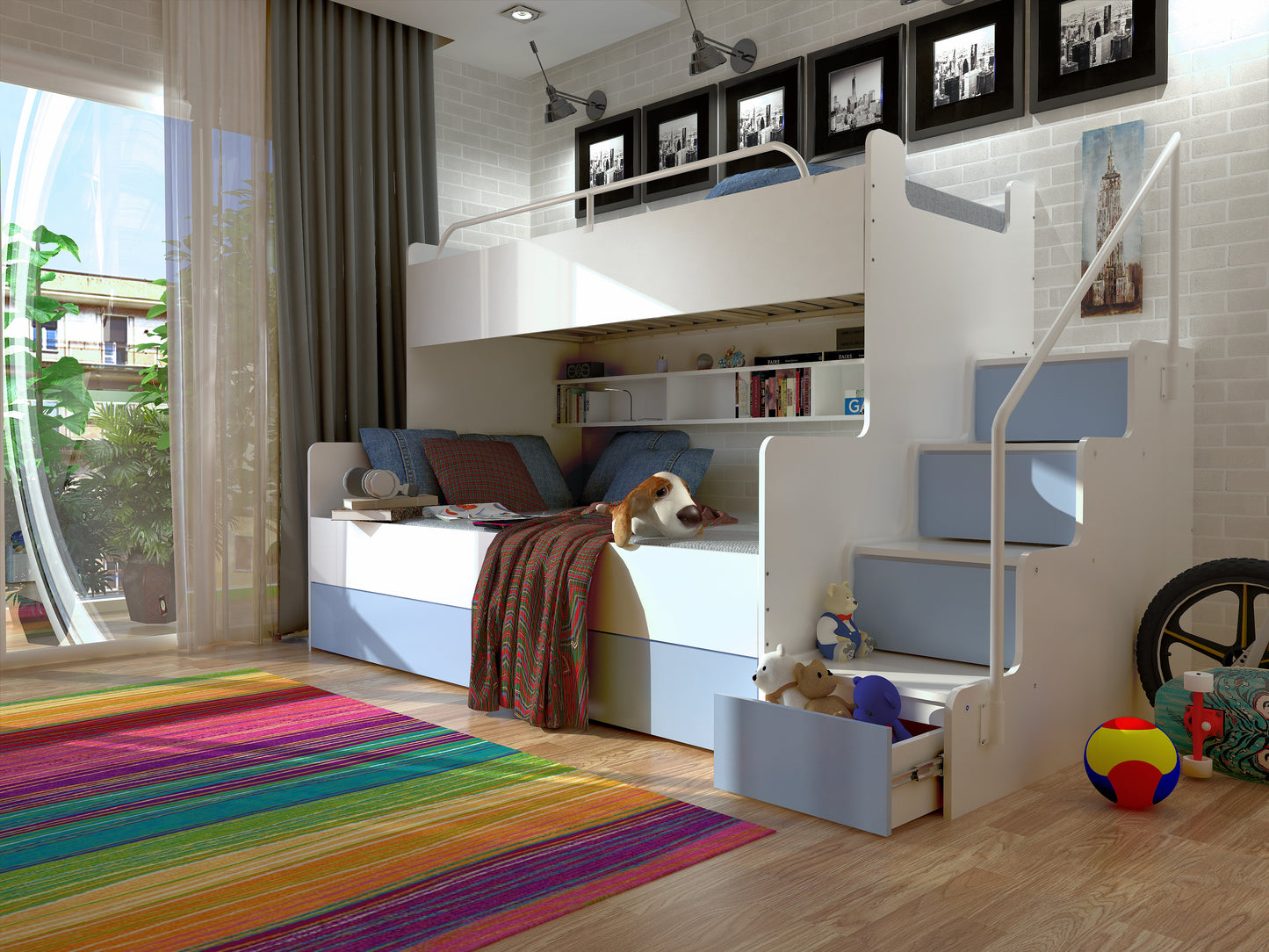 JESSICA 3 - bunk bed with stairs, shelves and many drawers Various Colours