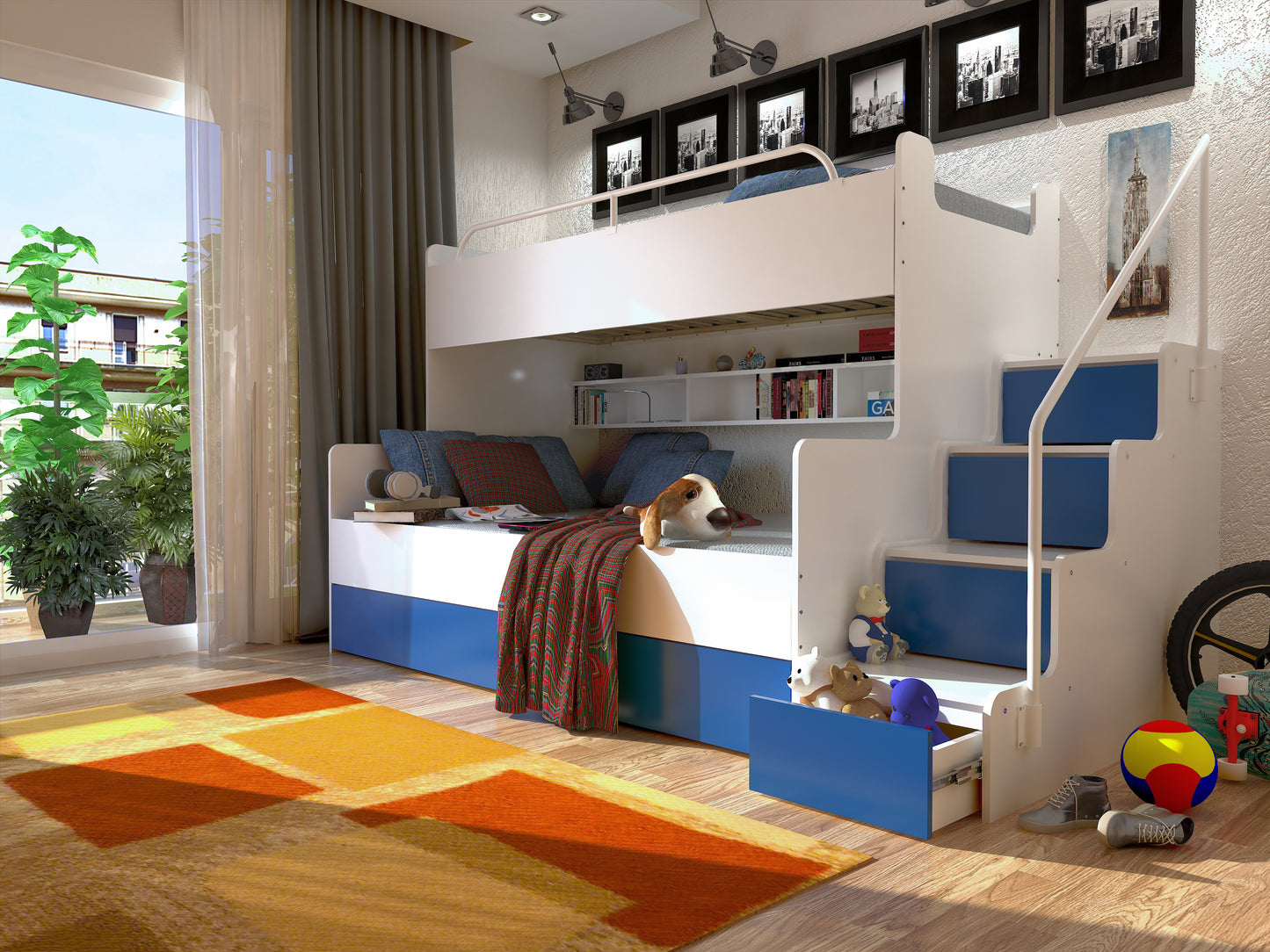 JESSICA 3 - bunk bed with stairs, shelves and many drawers Various Colours