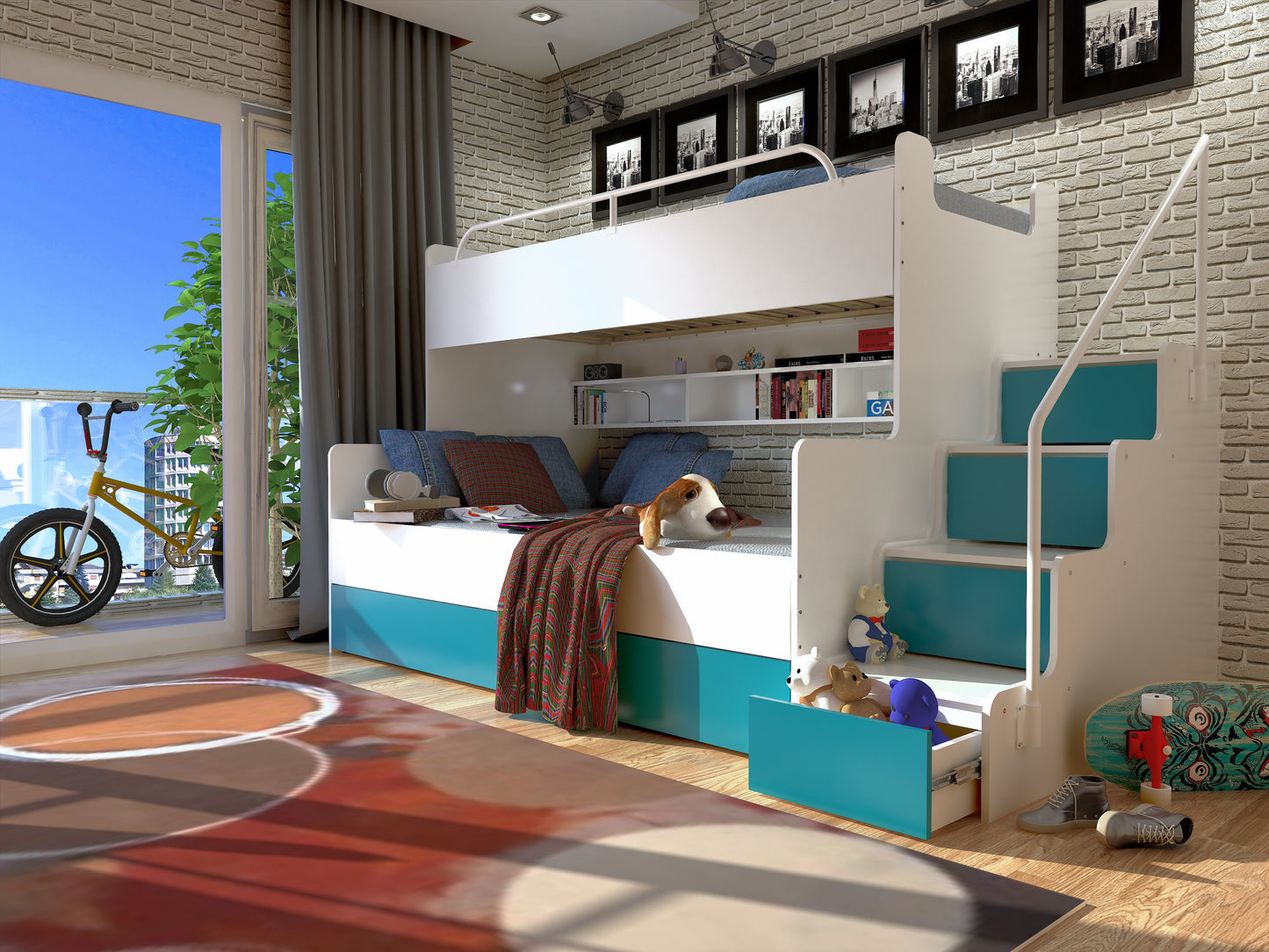 JESSICA 3 - bunk bed with stairs, shelves and many drawers Various Colours