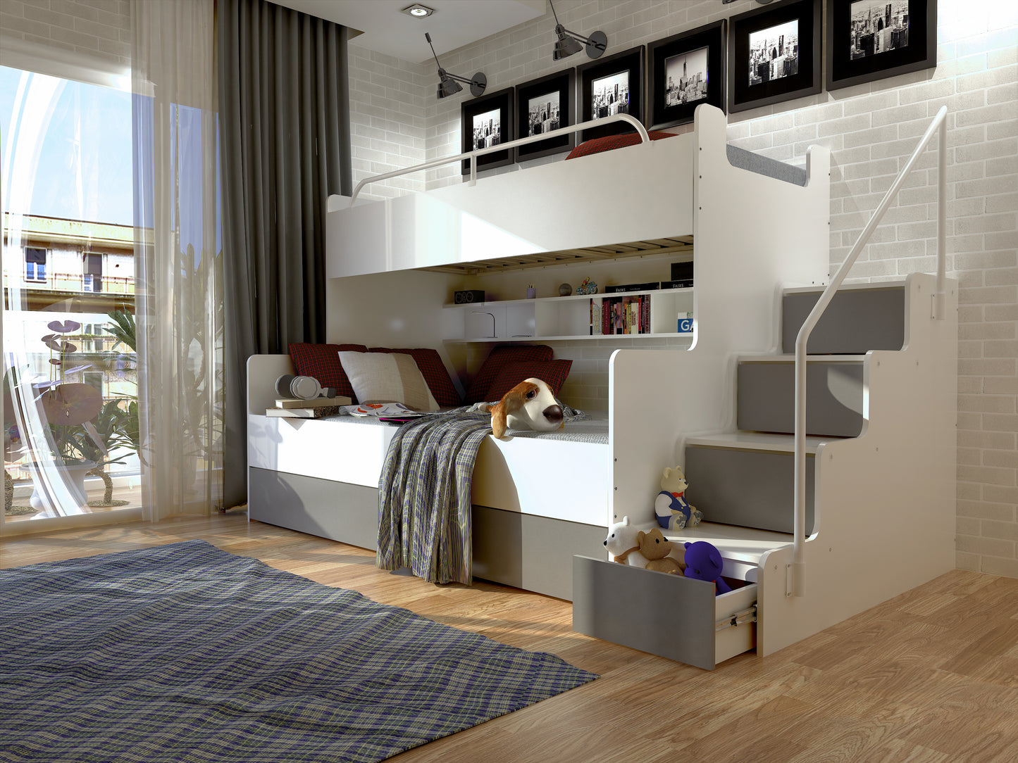 JESSICA 3 - bunk bed with stairs, shelves and many drawers Various Colours